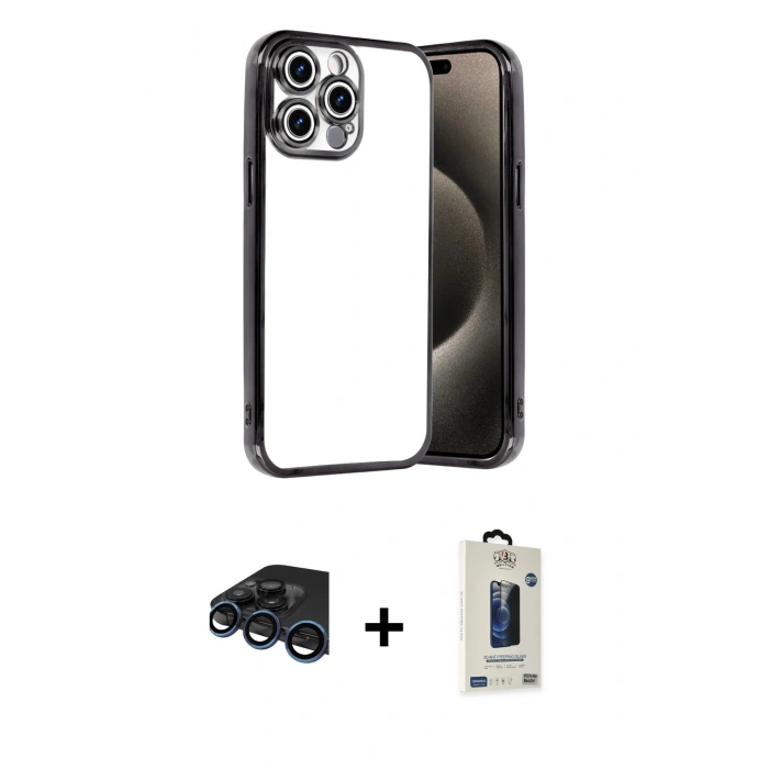 MARSİLYAN™- iPhone 15 Pro Max Kılıf Vadi Minimal - Siyah Bilvis Hayalet Cam Ekran Koruyucu + Raze Metal Kamera Lens - LT