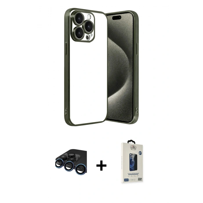 MARSİLYAN™- iPhone 15 Pro Max Kılıf Vadi Minimal - Siyah Bilvis Hayalet Cam Ekran Koruyucu + Raze Metal Kamera Lens - LT