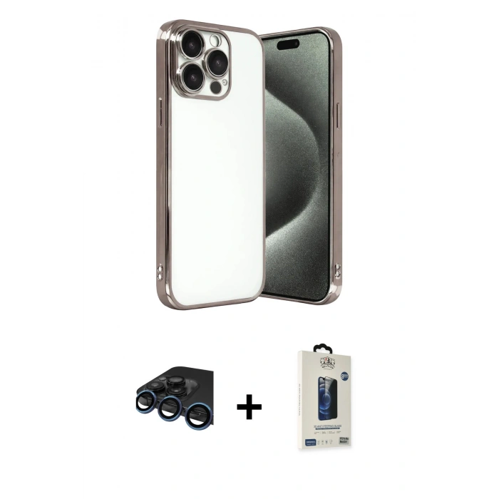 MARSİLYAN™- iPhone 15 Pro Max Kılıf Vadi Minimal - Siyah Bilvis Hayalet Cam Ekran Koruyucu + Raze Metal Kamera Lens - LT