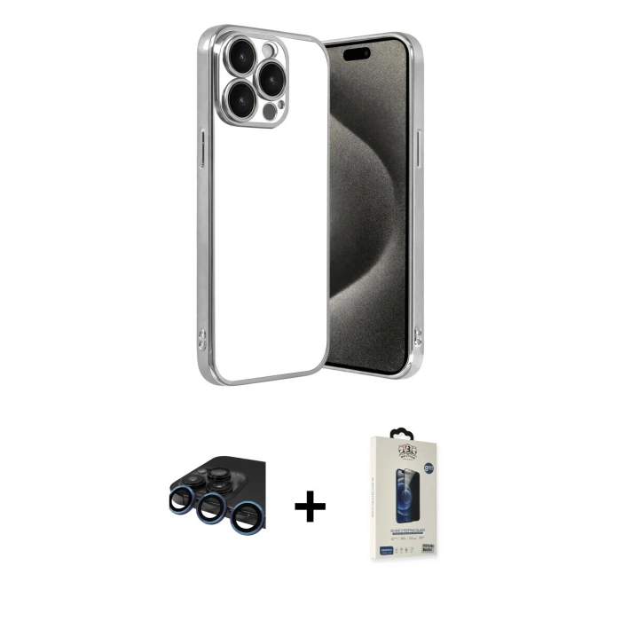 MARSİLYAN™- iPhone 15 Pro Max Kılıf Vadi Minimal - Siyah Bilvis Hayalet Cam Ekran Koruyucu + Raze Metal Kamera Lens - LT