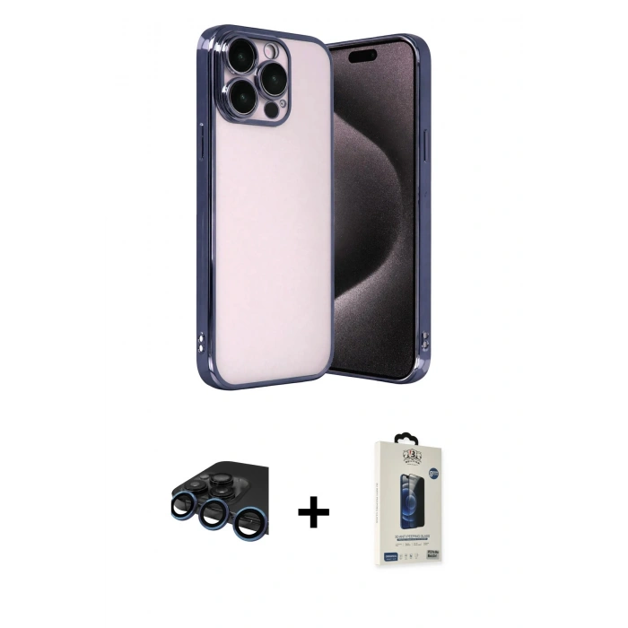 MARSİLYAN™- iPhone 15 Pro Max Kılıf Vadi Minimal - Siyah Bilvis Hayalet Cam Ekran Koruyucu + Raze Metal Kamera Lens - LT
