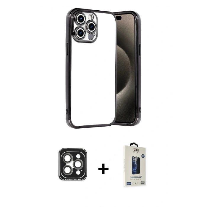 MARSİLYAN™- iPhone 15 Pro Max Kılıf Vadi Minimal - Siyah Bilvis Hayalet Cam Ekran Koruyucu + PVD Metal Kamera Lens - GI