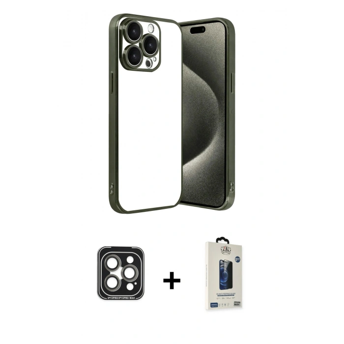 MARSİLYAN™- iPhone 15 Pro Max Kılıf Vadi Minimal - Siyah Bilvis Hayalet Cam Ekran Koruyucu + PVD Metal Kamera Lens - GI