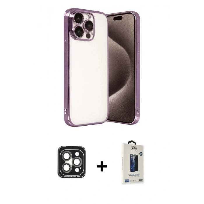 MARSİLYAN™- iPhone 15 Pro Max Kılıf Vadi Minimal - Siyah Bilvis Hayalet Cam Ekran Koruyucu + PVD Metal Kamera Lens - GI