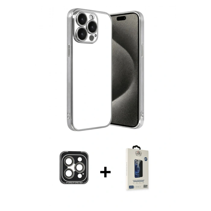 MARSİLYAN™- iPhone 15 Pro Max Kılıf Vadi Minimal - Siyah Bilvis Hayalet Cam Ekran Koruyucu + PVD Metal Kamera Lens - GI