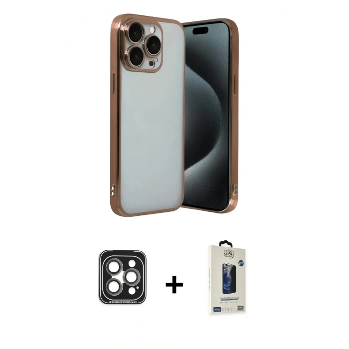 MARSİLYAN™- iPhone 15 Pro Max Kılıf Vadi Minimal - Siyah Bilvis Hayalet Cam Ekran Koruyucu + PVD Metal Kamera Lens - GI