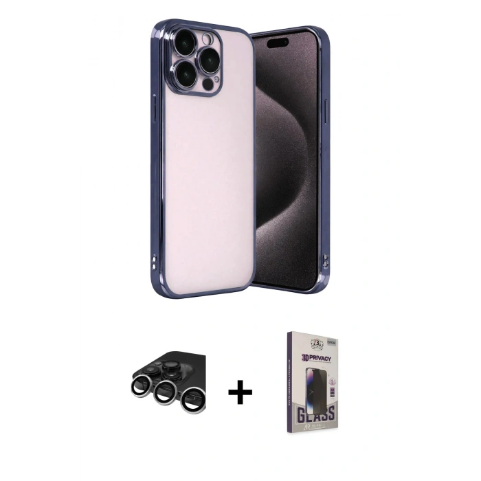 MARSİLYAN™- iPhone 15 Pro Max Kılıf Vadi Minimal - Siyah Bilvis Hayalet Cam Ekran Koruyucu + Raze Metal Kamera Lens - GS