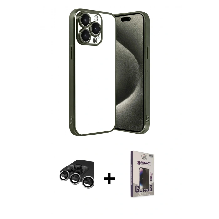 MARSİLYAN™- iPhone 15 Pro Max Kılıf Vadi Minimal - Siyah Bilvis Hayalet Cam Ekran Koruyucu + Raze Metal Kamera Lens - GS