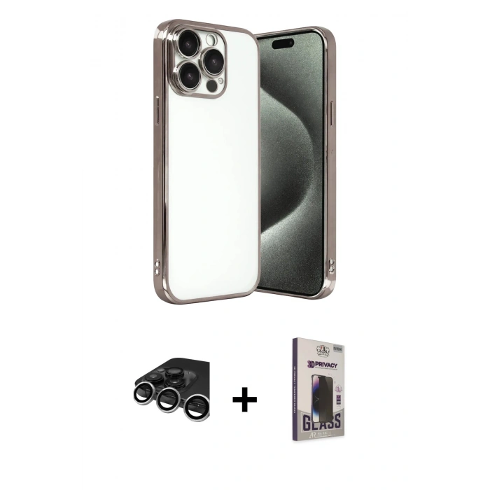 MARSİLYAN™- iPhone 15 Pro Max Kılıf Vadi Minimal - Siyah Bilvis Hayalet Cam Ekran Koruyucu + Raze Metal Kamera Lens - GS