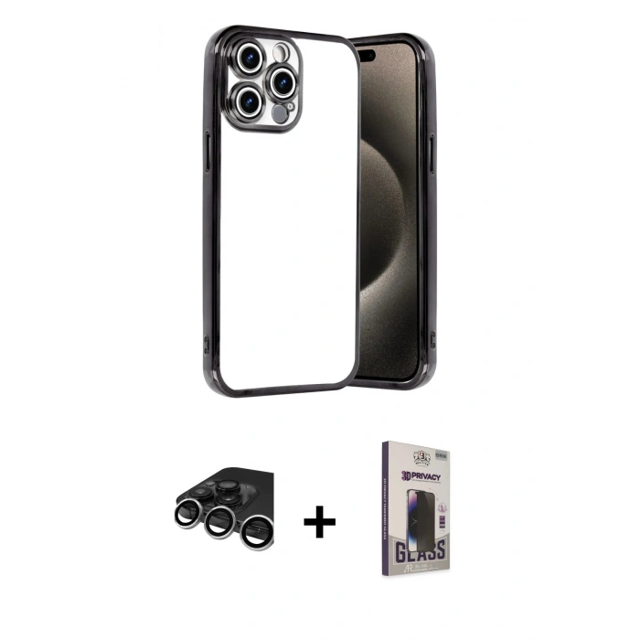 MARSİLYAN™- iPhone 15 Pro Max Kılıf Vadi Minimal - Siyah Bilvis Hayalet Cam Ekran Koruyucu + Raze Metal Kamera Lens - GS