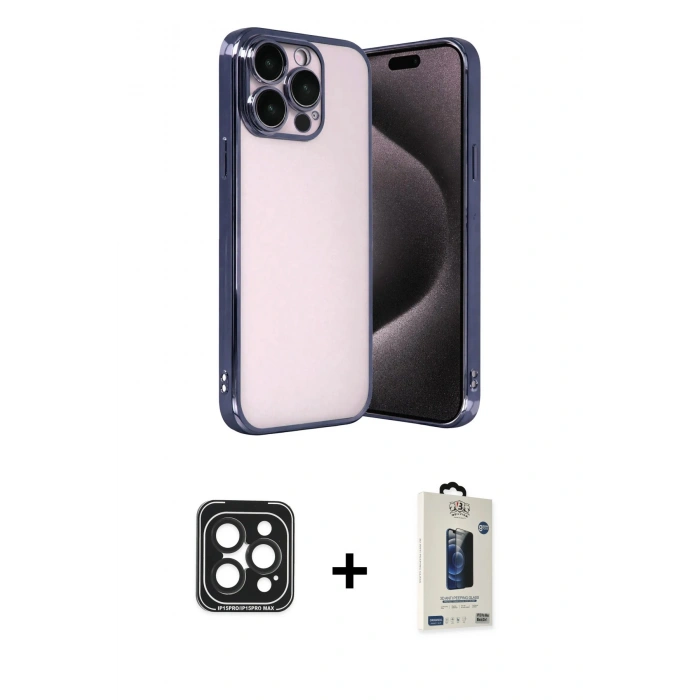 MARSİLYAN™- iPhone 15 Pro Max Kılıf Vadi Minimal - Siyah Bilvis Hayalet Cam Ekran Koruyucu + PVD Metal Kamera Lens - SH