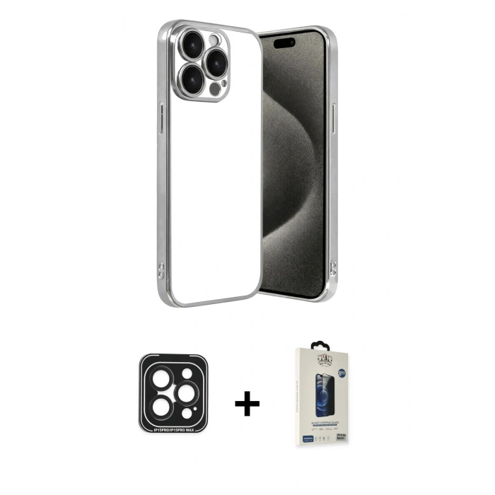 MARSİLYAN™- iPhone 15 Pro Max Kılıf Vadi Minimal - Siyah Bilvis Hayalet Cam Ekran Koruyucu + PVD Metal Kamera Lens - SH