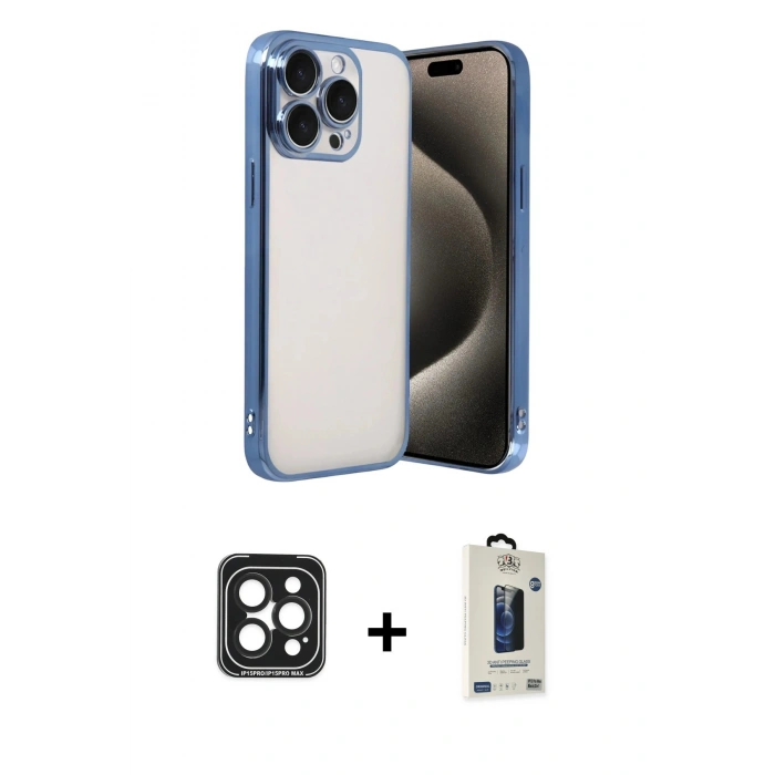 MARSİLYAN™- iPhone 15 Pro Max Kılıf Vadi Minimal - Siyah Bilvis Hayalet Cam Ekran Koruyucu + PVD Metal Kamera Lens - SH