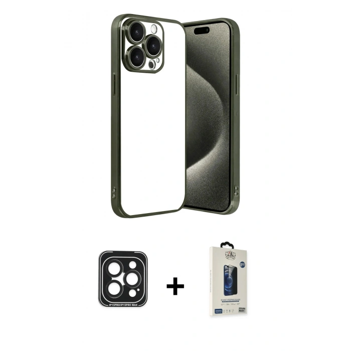 MARSİLYAN™- iPhone 15 Pro Max Kılıf Vadi Minimal - Siyah Bilvis Hayalet Cam Ekran Koruyucu + PVD Metal Kamera Lens - SH