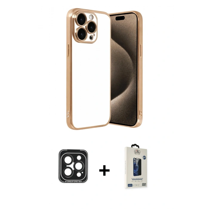 MARSİLYAN™- iPhone 15 Pro Max Kılıf Vadi Minimal - Siyah Bilvis Hayalet Cam Ekran Koruyucu + PVD Metal Kamera Lens - SH