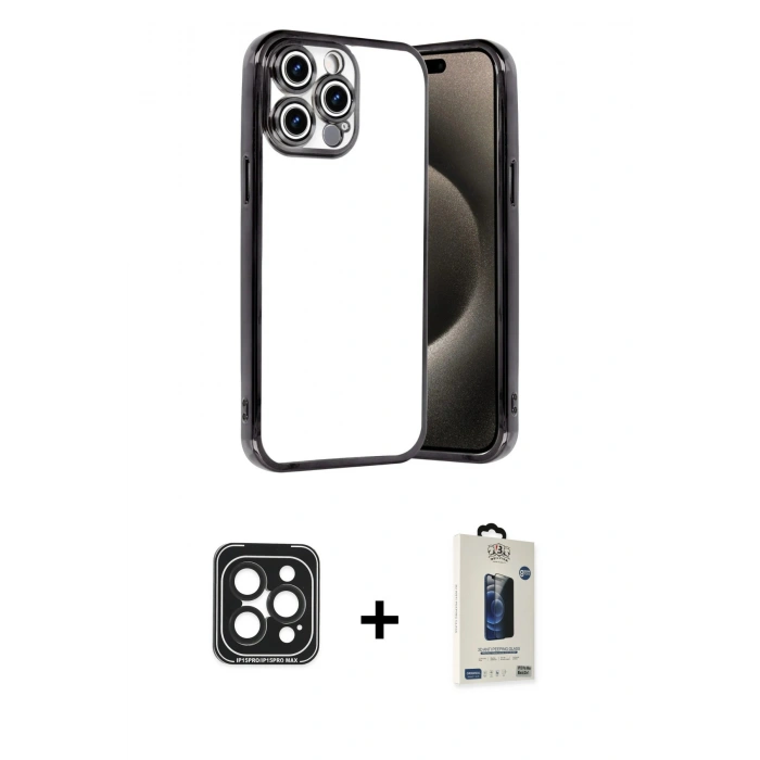 MARSİLYAN™- iPhone 15 Pro Max Kılıf Vadi Minimal - Siyah Bilvis Hayalet Cam Ekran Koruyucu + PVD Metal Kamera Lens - SH