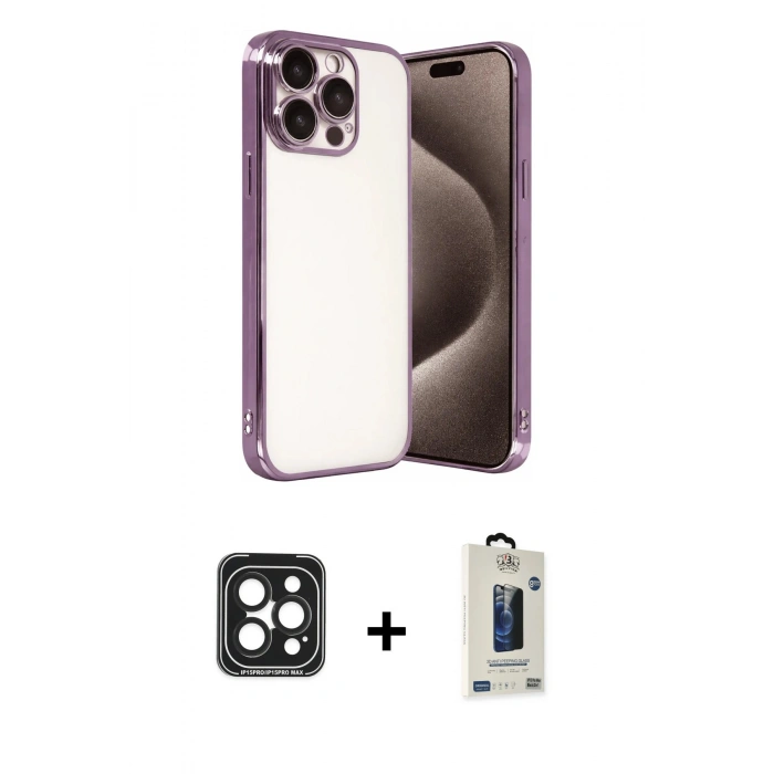 MARSİLYAN™- iPhone 15 Pro Max Kılıf Vadi Minimal - Siyah Bilvis Hayalet Cam Ekran Koruyucu + PVD Metal Kamera Lens - SH