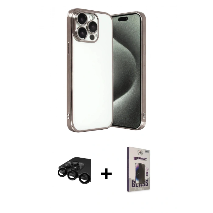 MARSİLYAN™- iPhone 15 Pro Max Kılıf Vadi Minimal - Siyah Bilvis Hayalet Cam Ekran Koruyucu + Raze Metal Kamera Lens - SH