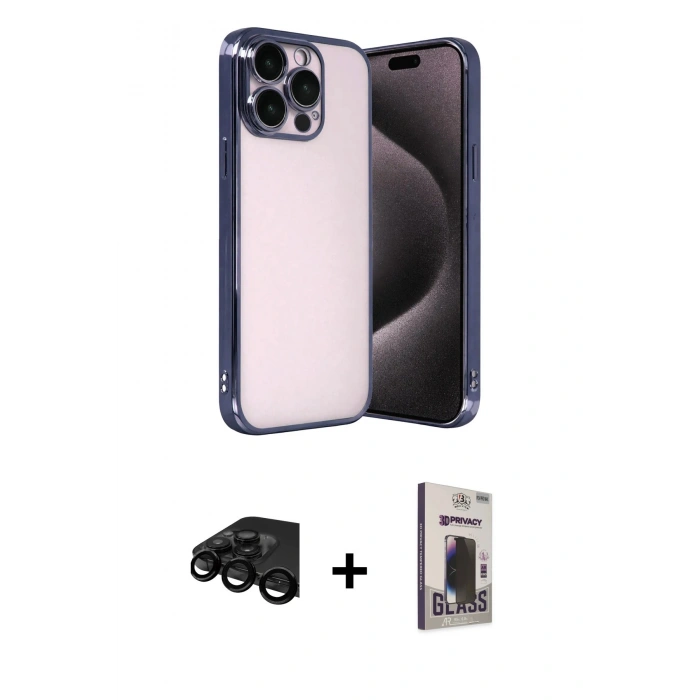 MARSİLYAN™- iPhone 15 Pro Max Kılıf Vadi Minimal - Siyah Bilvis Hayalet Cam Ekran Koruyucu + Raze Metal Kamera Lens - SH