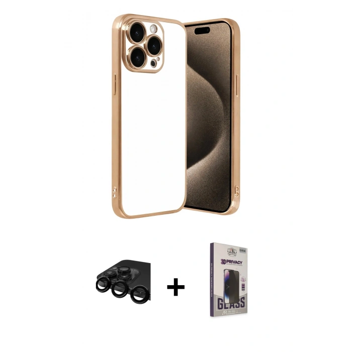 MARSİLYAN™- iPhone 15 Pro Max Kılıf Vadi Minimal - Siyah Bilvis Hayalet Cam Ekran Koruyucu + Raze Metal Kamera Lens - SH