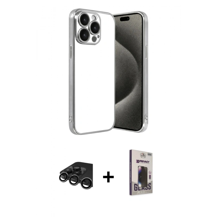 MARSİLYAN™- iPhone 15 Pro Max Kılıf Vadi Minimal - Siyah Bilvis Hayalet Cam Ekran Koruyucu + Raze Metal Kamera Lens - TMGI