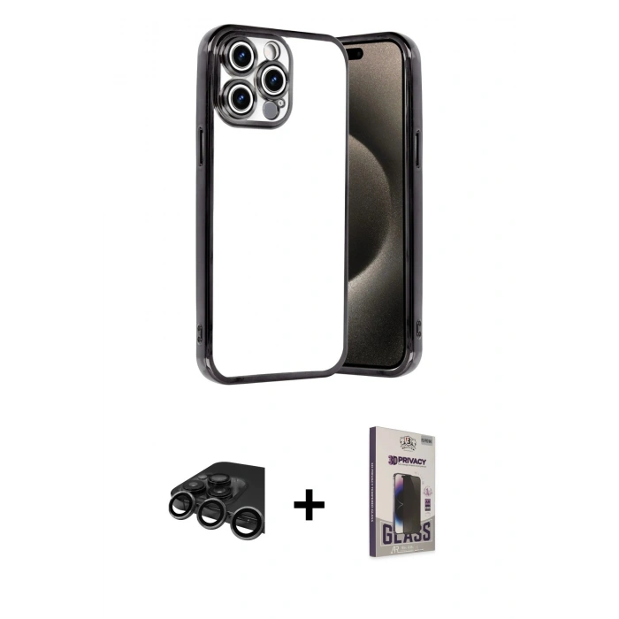 MARSİLYAN™- iPhone 15 Pro Max Kılıf Vadi Minimal - Siyah Bilvis Hayalet Cam Ekran Koruyucu + Raze Metal Kamera Lens - TMGI