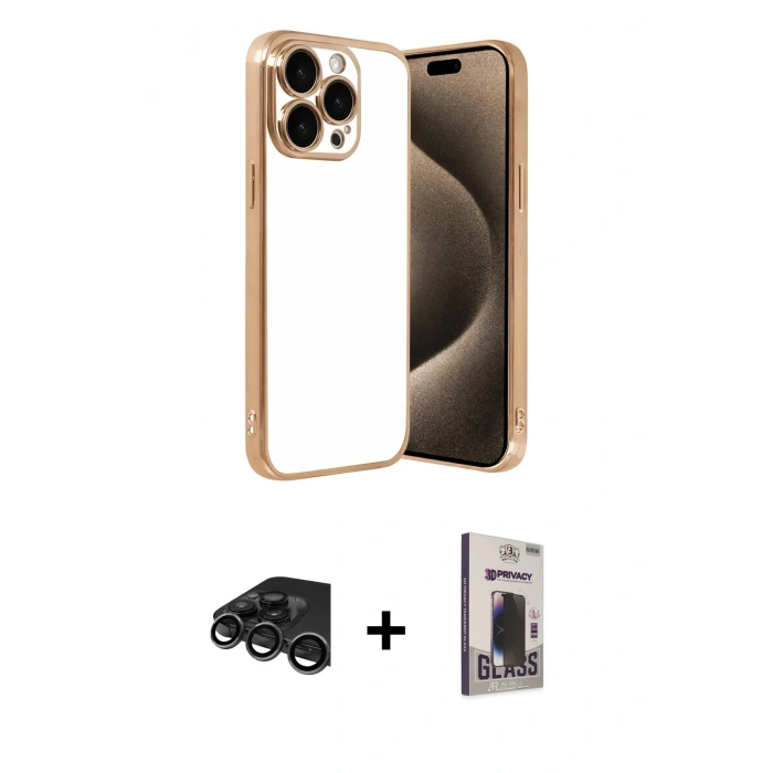 MARSİLYAN™- iPhone 15 Pro Max Kılıf Vadi Minimal - Siyah Bilvis Hayalet Cam Ekran Koruyucu + Raze Metal Kamera Lens - TMGI