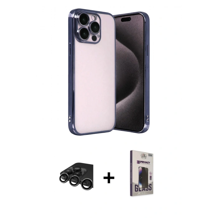 MARSİLYAN™- iPhone 15 Pro Max Kılıf Vadi Minimal - Siyah Bilvis Hayalet Cam Ekran Koruyucu + Raze Metal Kamera Lens - TMGI