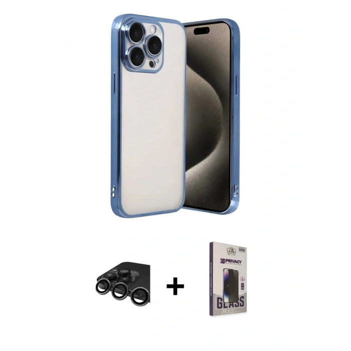 MARSİLYAN™- iPhone 15 Pro Max Kılıf Vadi Minimal - Siyah Bilvis Hayalet Cam Ekran Koruyucu + Raze Metal Kamera Lens - TMGI