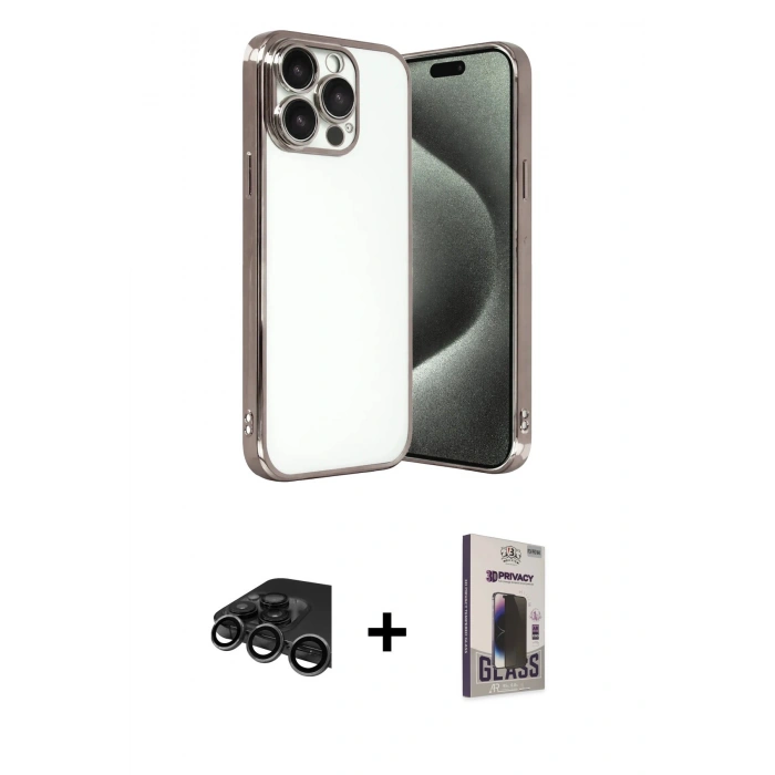 MARSİLYAN™- iPhone 15 Pro Max Kılıf Vadi Minimal - Siyah Bilvis Hayalet Cam Ekran Koruyucu + Raze Metal Kamera Lens - TMGI