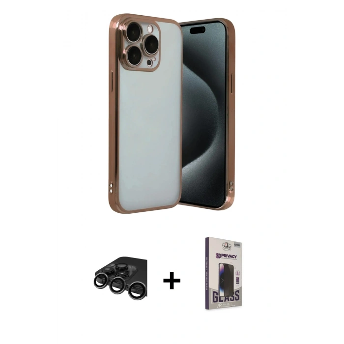 MARSİLYAN™- iPhone 15 Pro Max Kılıf Vadi Minimal - Siyah Bilvis Hayalet Cam Ekran Koruyucu + Raze Metal Kamera Lens - TMGI
