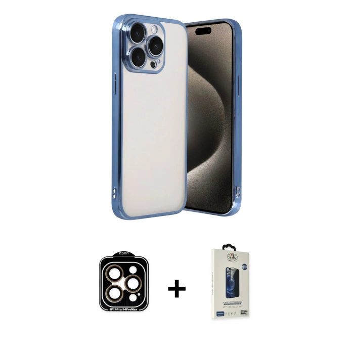 MARSİLYAN™- iPhone 15 Pro Max Kılıf Vadi Minimal - Siyah Bilvis Hayalet Cam Ekran Koruyucu + PVD Metal Kamera Lens - TU