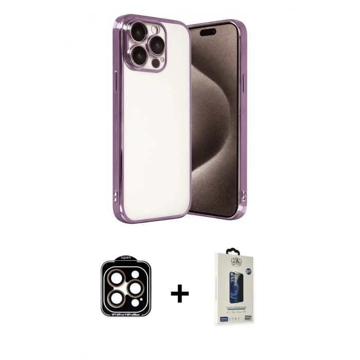 MARSİLYAN™- iPhone 15 Pro Max Kılıf Vadi Minimal - Siyah Bilvis Hayalet Cam Ekran Koruyucu + PVD Metal Kamera Lens - TU