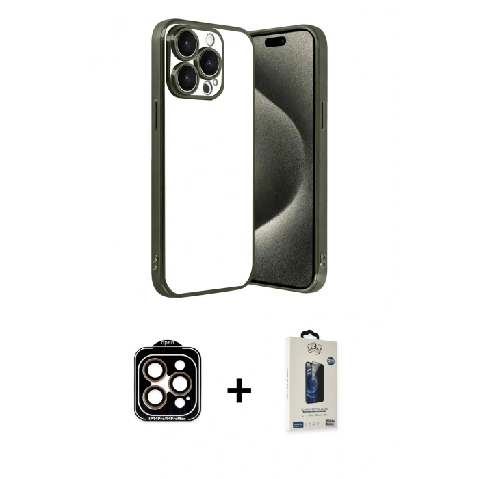 MARSİLYAN™- iPhone 15 Pro Max Kılıf Vadi Minimal - Siyah Bilvis Hayalet Cam Ekran Koruyucu + PVD Metal Kamera Lens - TU
