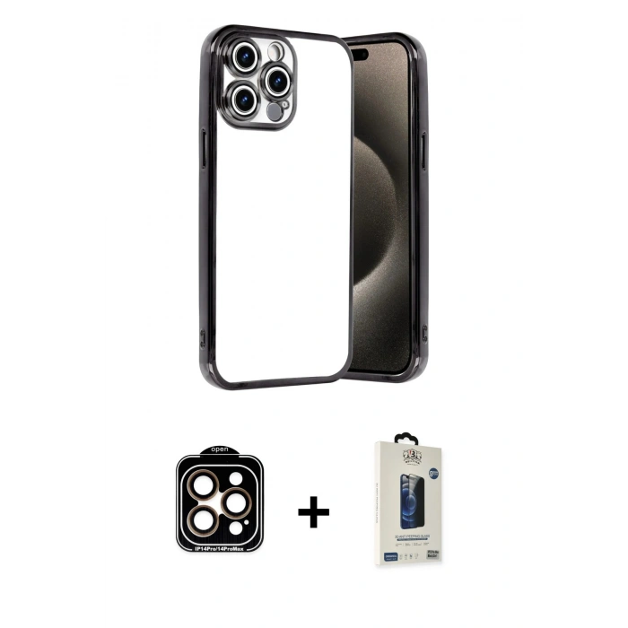 MARSİLYAN™- iPhone 15 Pro Max Kılıf Vadi Minimal - Siyah Bilvis Hayalet Cam Ekran Koruyucu + PVD Metal Kamera Lens - TU