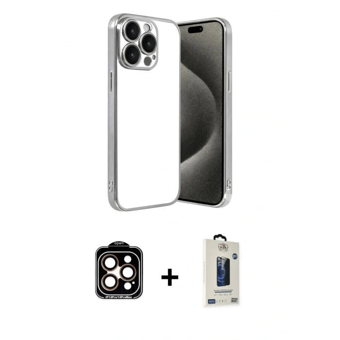 MARSİLYAN™- iPhone 15 Pro Max Kılıf Vadi Minimal - Siyah Bilvis Hayalet Cam Ekran Koruyucu + PVD Metal Kamera Lens - TU