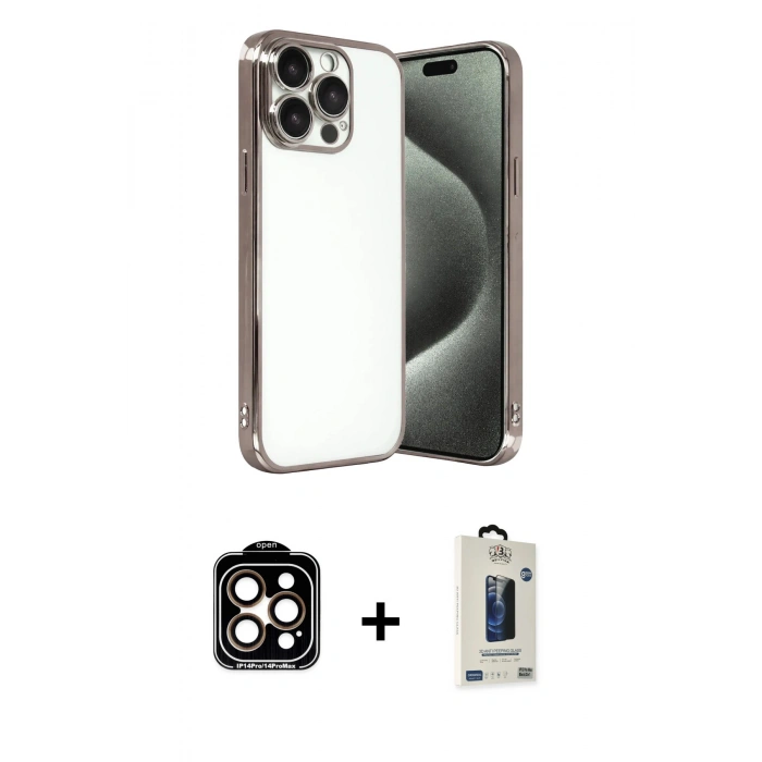 MARSİLYAN™- iPhone 15 Pro Max Kılıf Vadi Minimal - Siyah Bilvis Hayalet Cam Ekran Koruyucu + PVD Metal Kamera Lens - TU