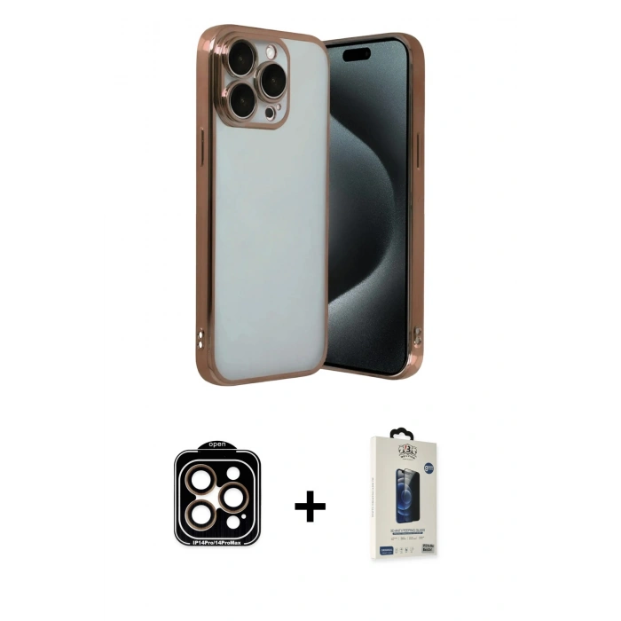 MARSİLYAN™- iPhone 15 Pro Max Kılıf Vadi Minimal - Siyah Bilvis Hayalet Cam Ekran Koruyucu + PVD Metal Kamera Lens - TU