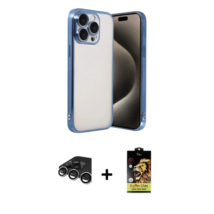 MARSİLYAN™- iPhone 15 Pro Max Kılıf Vadi Minimal - Siyah Buffer Cam Ekran Koruyucu + Raze Metal Kamera Lens - GS