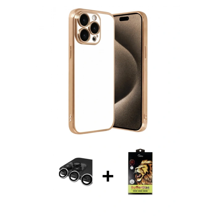 MARSİLYAN™- iPhone 15 Pro Max Kılıf Vadi Minimal - Siyah Buffer Cam Ekran Koruyucu + Raze Metal Kamera Lens - GS