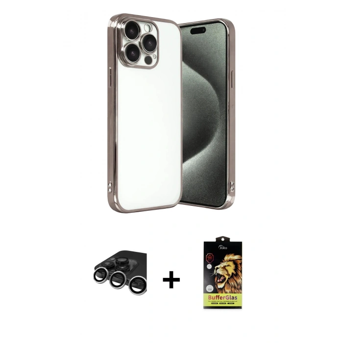 MARSİLYAN™- iPhone 15 Pro Max Kılıf Vadi Minimal - Siyah Buffer Cam Ekran Koruyucu + Raze Metal Kamera Lens - GS