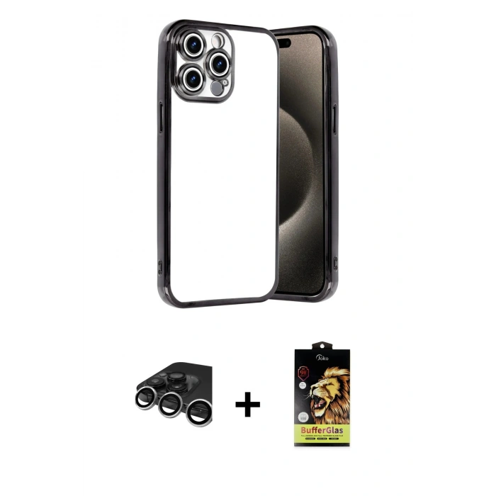MARSİLYAN™- iPhone 15 Pro Max Kılıf Vadi Minimal - Siyah Buffer Cam Ekran Koruyucu + Raze Metal Kamera Lens - GS