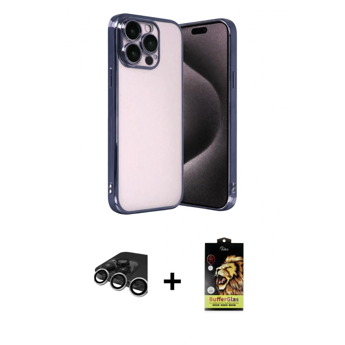 MARSİLYAN™- iPhone 15 Pro Max Kılıf Vadi Minimal - Siyah Buffer Cam Ekran Koruyucu + Raze Metal Kamera Lens - GS