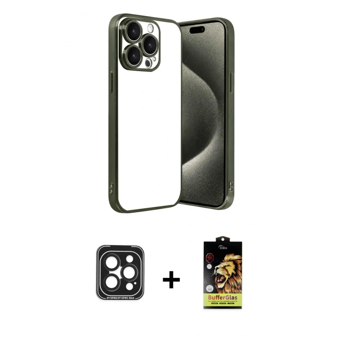 MARSİLYAN™- iPhone 15 Pro Max Kılıf Vadi Minimal - Siyah Buffer Cam Ekran Koruyucu + PVD Metal Kamera Lens - SH