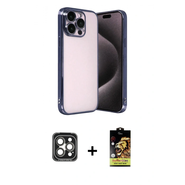 MARSİLYAN™- iPhone 15 Pro Max Kılıf Vadi Minimal - Siyah Buffer Cam Ekran Koruyucu + PVD Metal Kamera Lens - GI