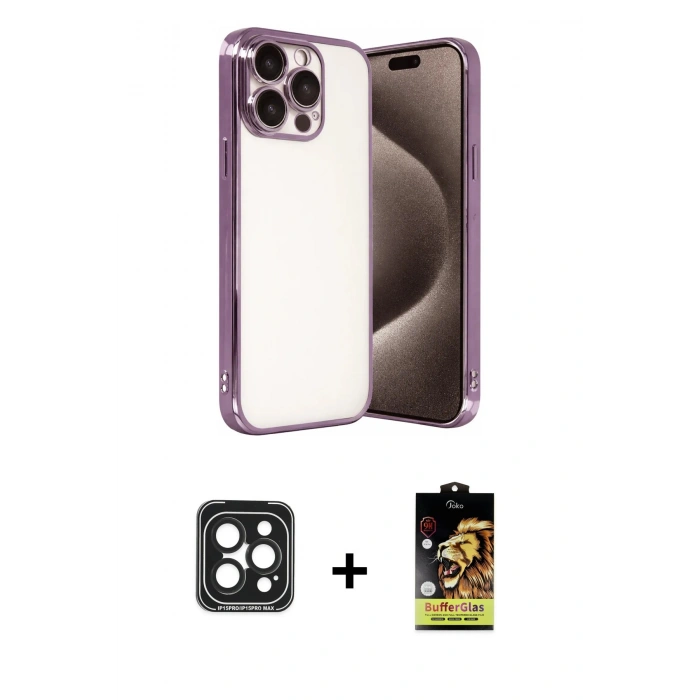 MARSİLYAN™- iPhone 15 Pro Max Kılıf Vadi Minimal - Siyah Buffer Cam Ekran Koruyucu + PVD Metal Kamera Lens - SH