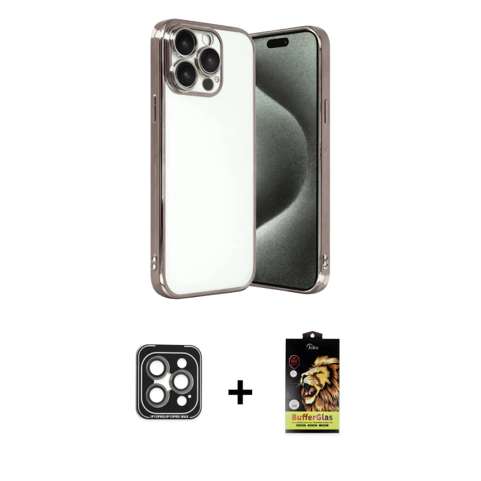 MARSİLYAN™- iPhone 15 Pro Max Kılıf Vadi Minimal - Siyah Buffer Cam Ekran Koruyucu + PVD Metal Kamera Lens - GI