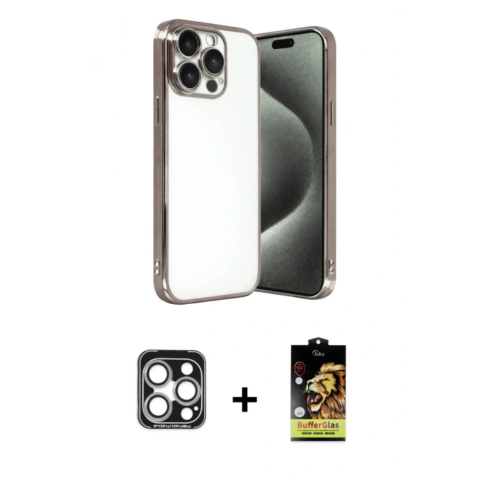 MARSİLYAN™- iPhone 15 Pro Max Kılıf Vadi Minimal - Siyah Buffer Cam Ekran Koruyucu + PVD Metal Kamera Lens - GS