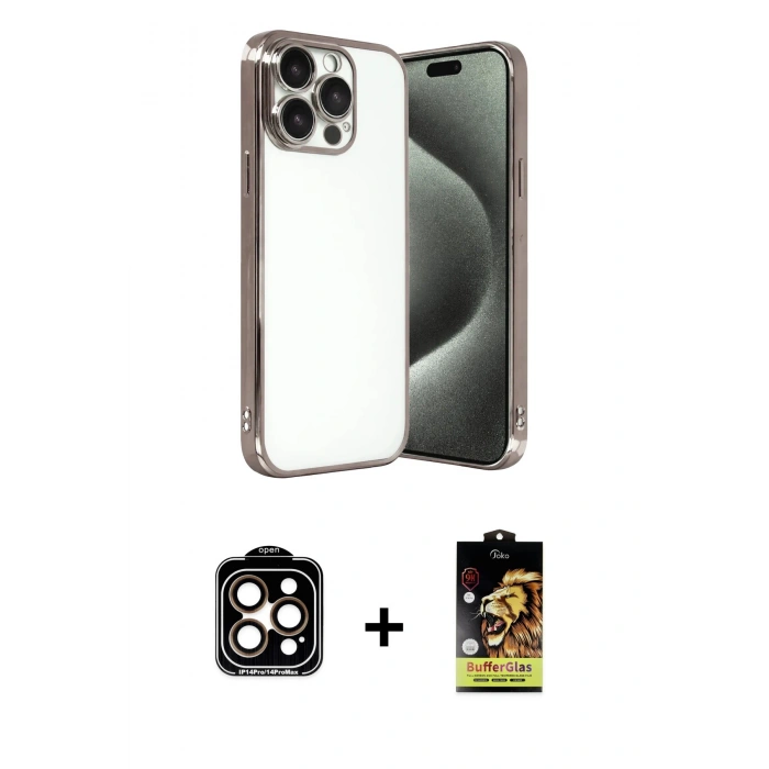 MARSİLYAN™- iPhone 15 Pro Max Kılıf Vadi Minimal - Siyah Buffer Cam Ekran Koruyucu + PVD Metal Kamera Lens - TU