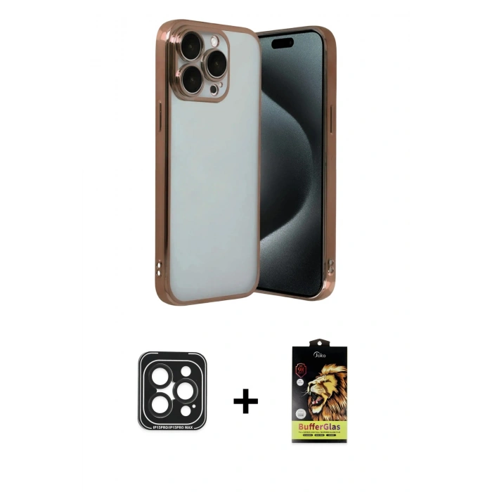 MARSİLYAN™- iPhone 15 Pro Max Kılıf Vadi Minimal - Siyah Buffer Cam Ekran Koruyucu + PVD Metal Kamera Lens - SH